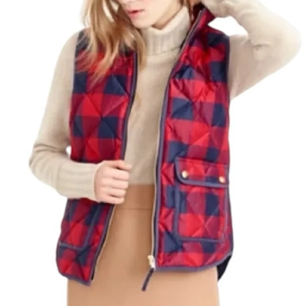 J Crew Excursion Red Navy Size XXS Quilted Vest Down Plaid Puffer Tartan